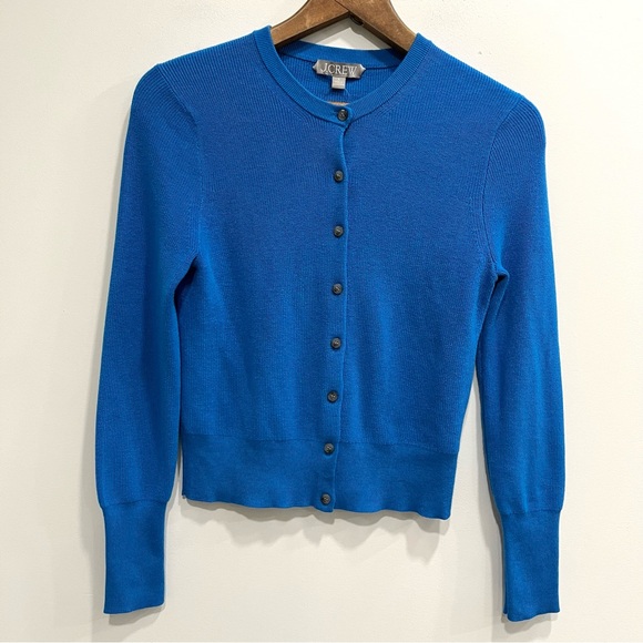 J. Crew Ribbed Jackie Cardigan Sweater Royal Blue Lyocell Silk Preppy Fitted S - Picture 2 of 10